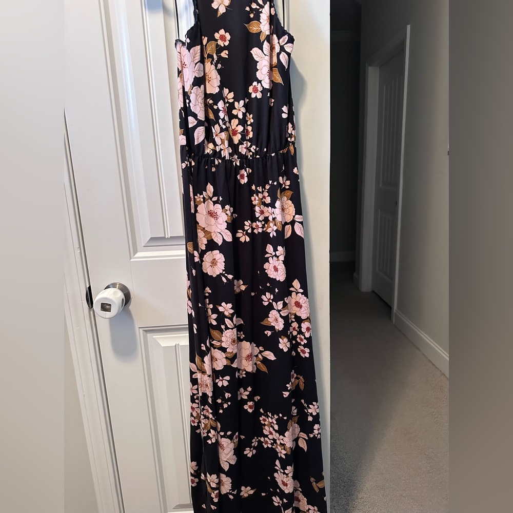 French Grey Floral Maxi Dress - Black and Pink